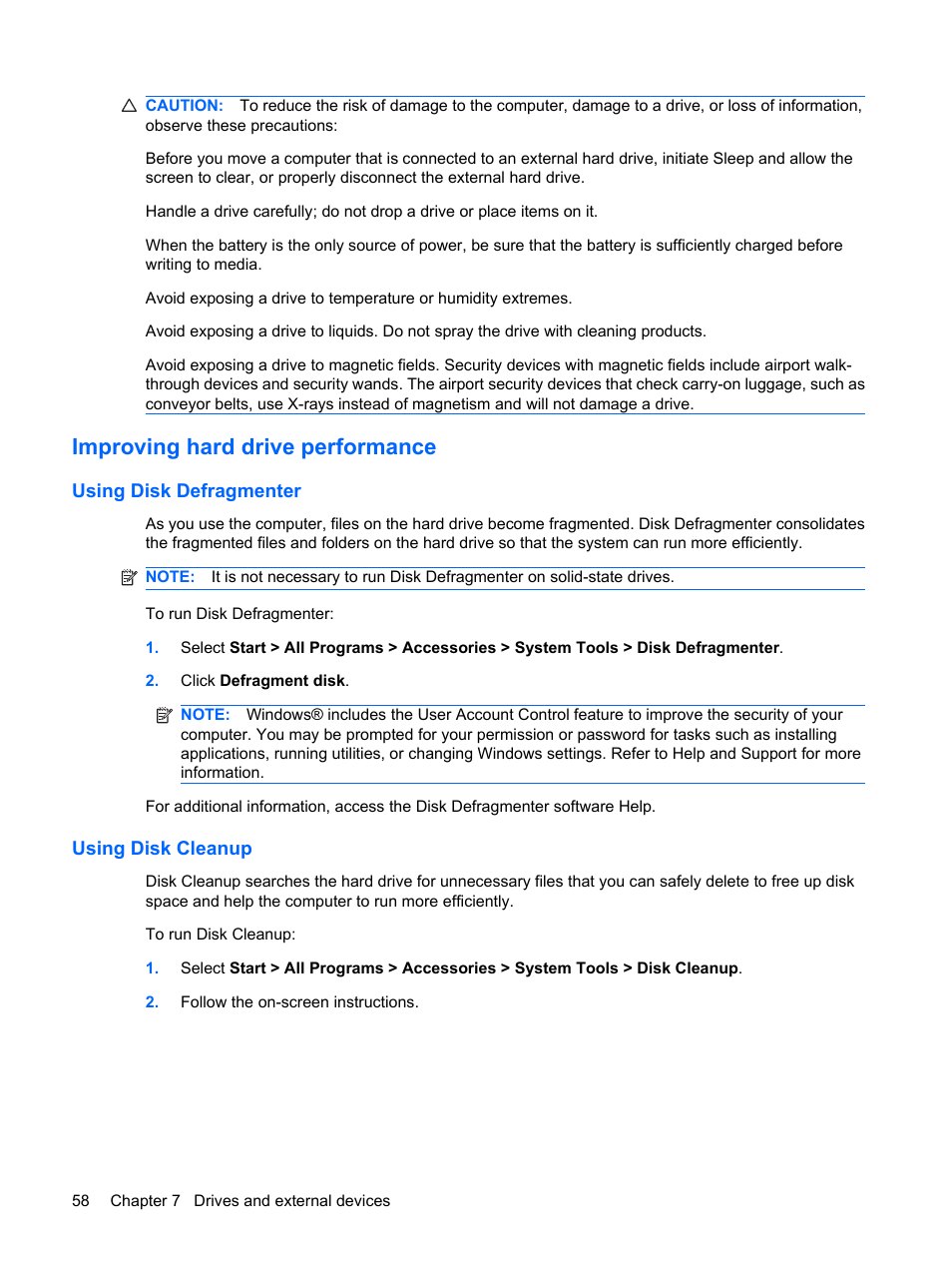 Improving hard drive performance, Using disk defragmenter, Using disk cleanup | Using disk defragmenter using disk cleanup | HP Envy 15t-1100se CTO Beats Limited Edition Notebook PC User Manual | Page 68 / 112