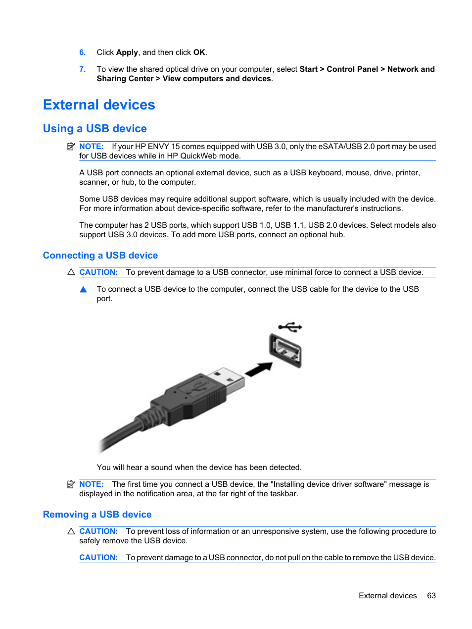 External devices, Using a usb device, Connecting a usb device | Removing a usb device, Connecting a usb device removing a usb device | HP Envy 15t-1100se CTO Beats Limited Edition Notebook PC User Manual | Page 73 / 112