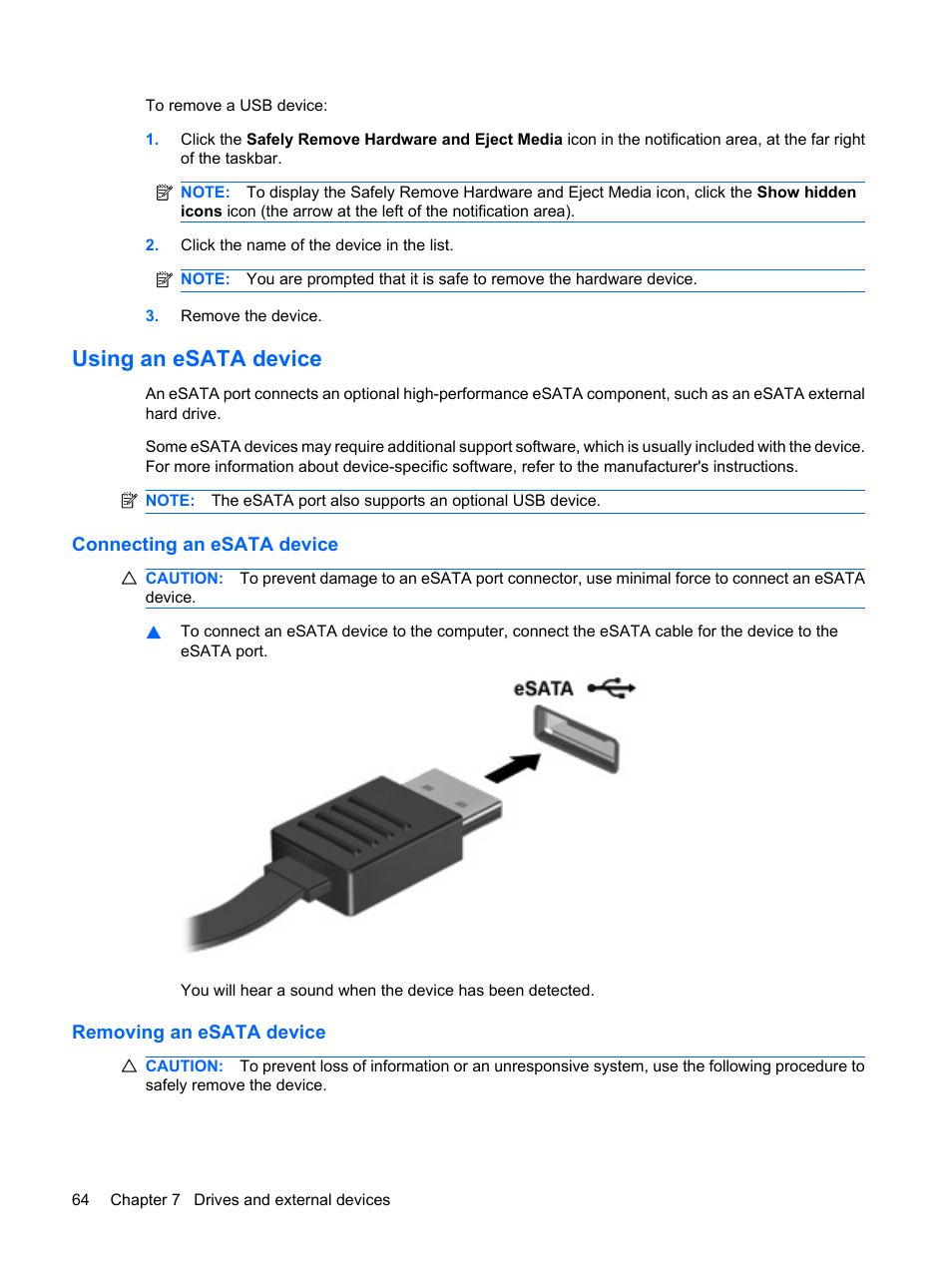 Using an esata device, Connecting an esata device, Removing an esata device | HP Envy 15t-1100se CTO Beats Limited Edition Notebook PC User Manual | Page 74 / 112