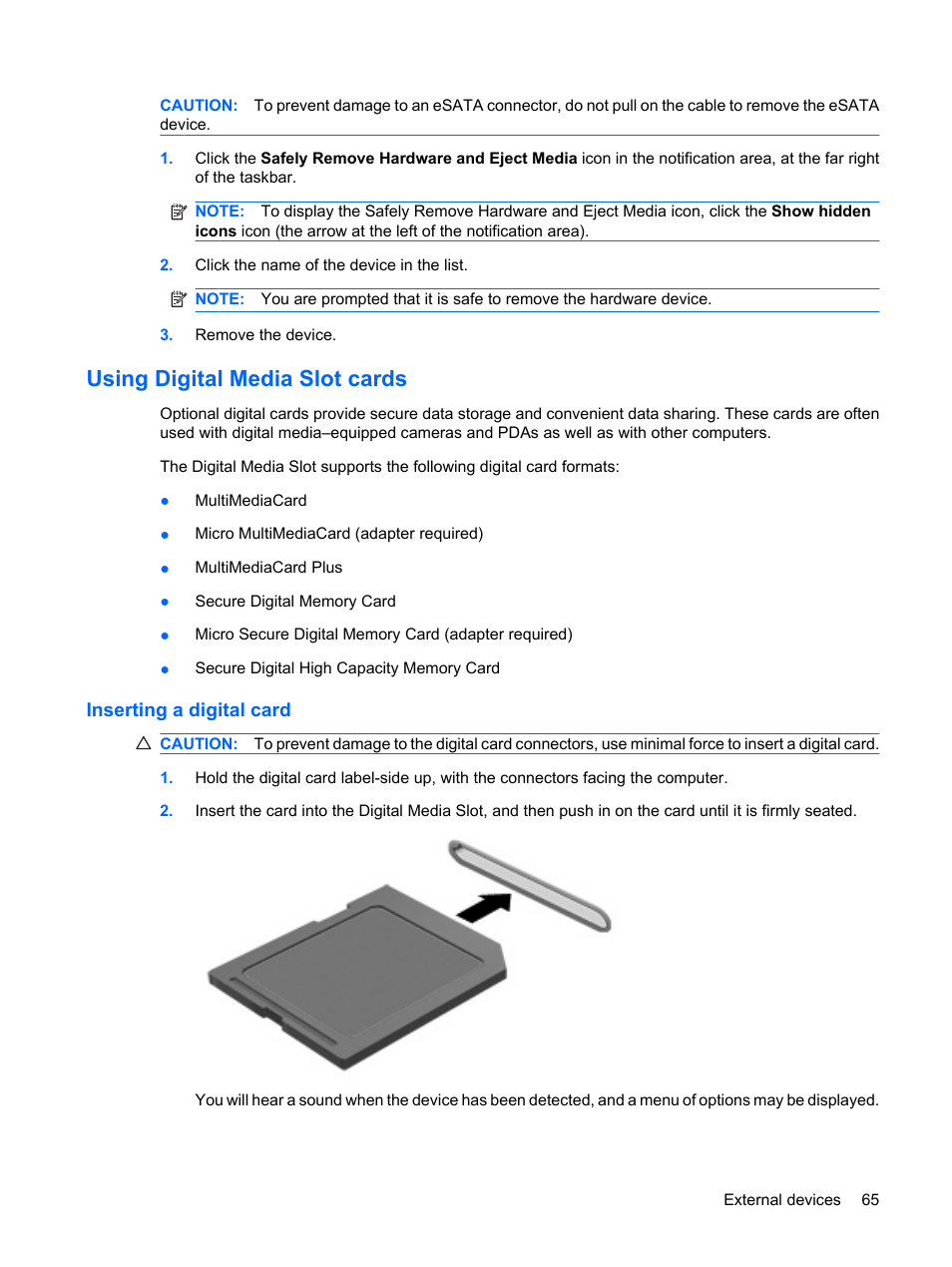 Using digital media slot cards, Inserting a digital card | HP Envy 15t-1100se CTO Beats Limited Edition Notebook PC User Manual | Page 75 / 112