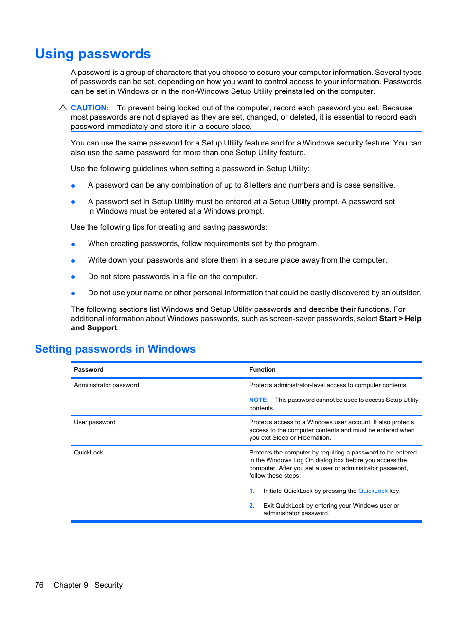 Using passwords, Setting passwords in windows | HP Envy 15t-1100se CTO Beats Limited Edition Notebook PC User Manual | Page 86 / 112