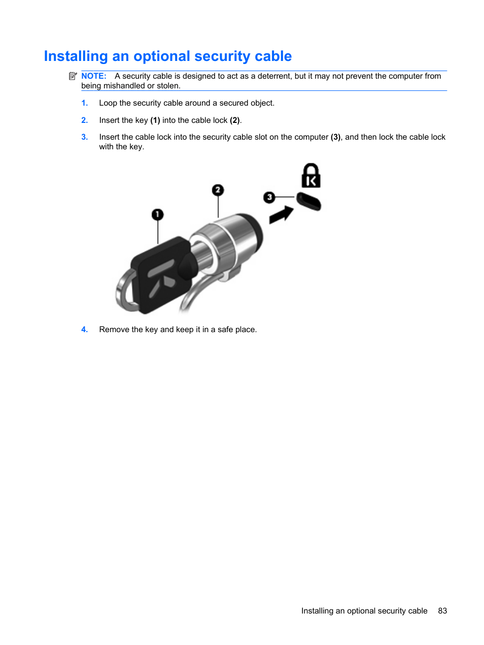 Installing an optional security cable | HP Envy 15t-1100se CTO Beats Limited Edition Notebook PC User Manual | Page 93 / 112