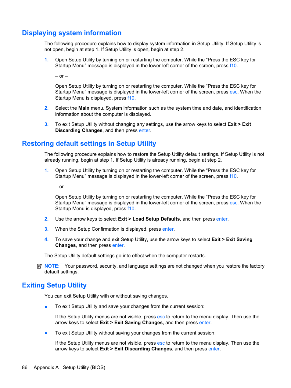 Displaying system information, Restoring default settings in setup utility, Exiting setup utility | HP Envy 15t-1100se CTO Beats Limited Edition Notebook PC User Manual | Page 96 / 112