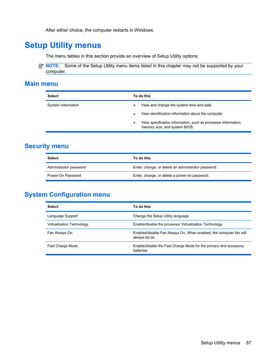 Setup utility menus, Main menu, Security menu | System configuration menu, Main menu security menu system configuration menu | HP Envy 15t-1100se CTO Beats Limited Edition Notebook PC User Manual | Page 97 / 112