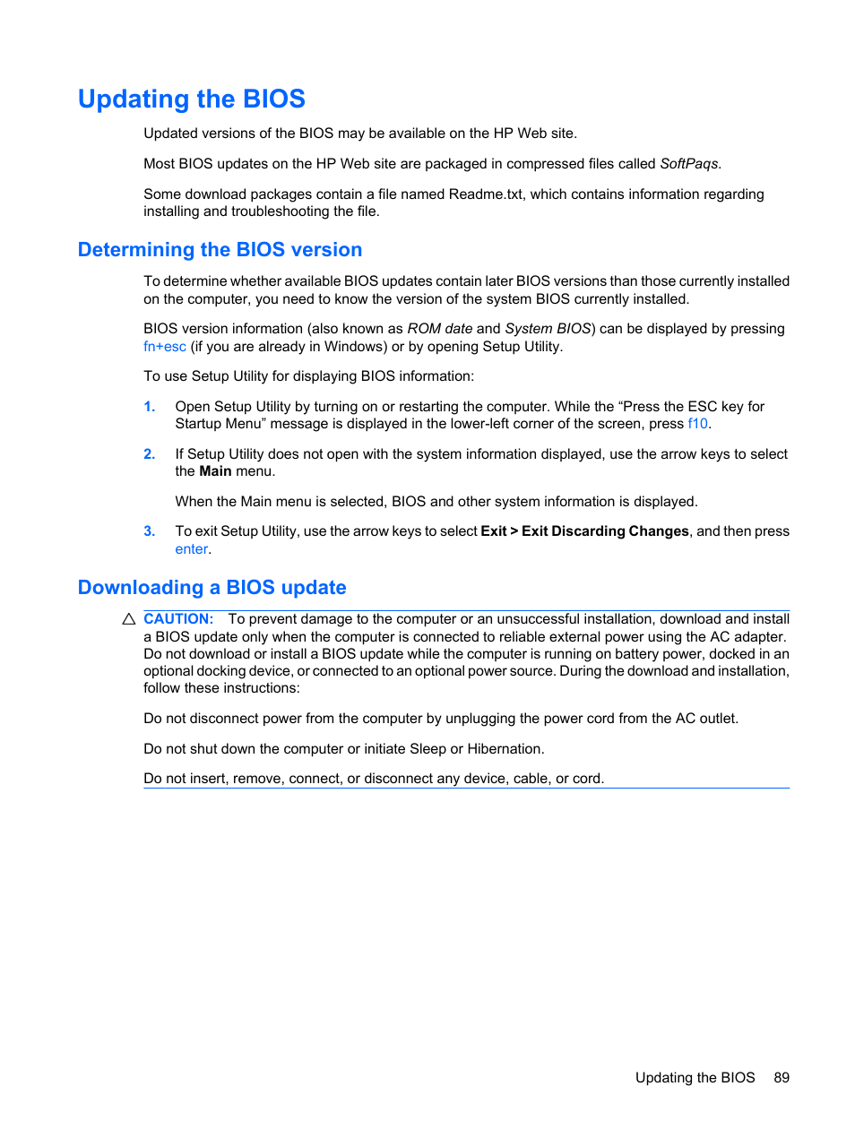 Updating the bios, Determining the bios version, Downloading a bios update | HP Envy 15t-1100se CTO Beats Limited Edition Notebook PC User Manual | Page 99 / 112