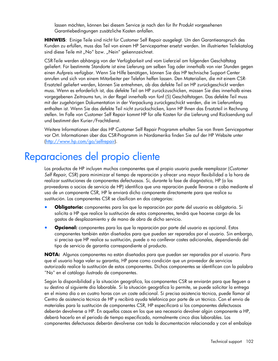 Reparaciones del propio cliente | HP ProLiant DL380 G5 Server User Manual | Page 102 / 114