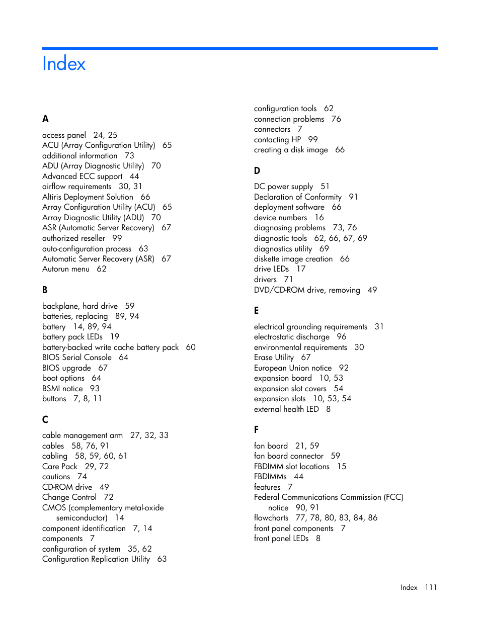 Index | HP ProLiant DL380 G5 Server User Manual | Page 111 / 114