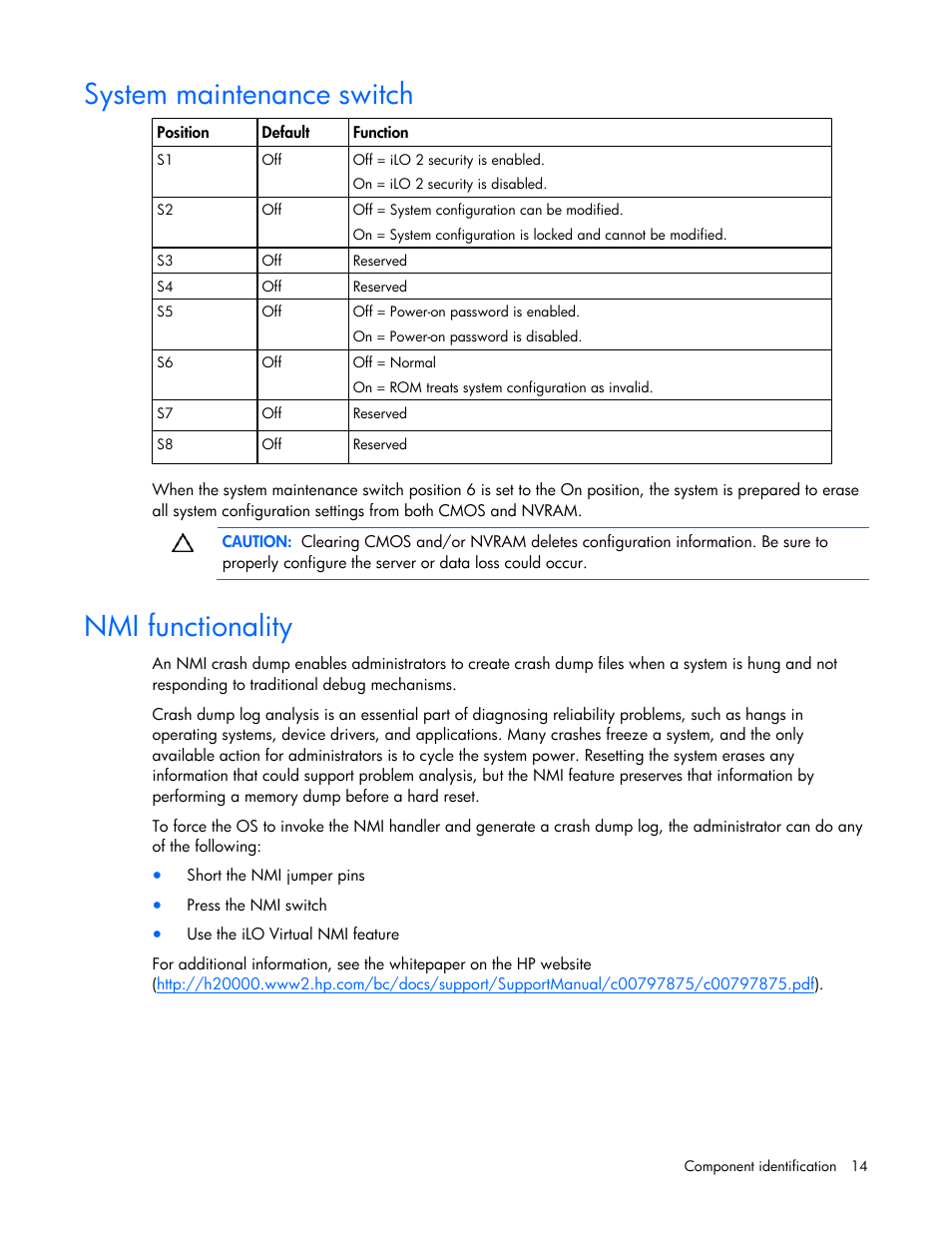 System maintenance switch, Nmi functionality | HP ProLiant DL380 G5 Server User Manual | Page 14 / 114