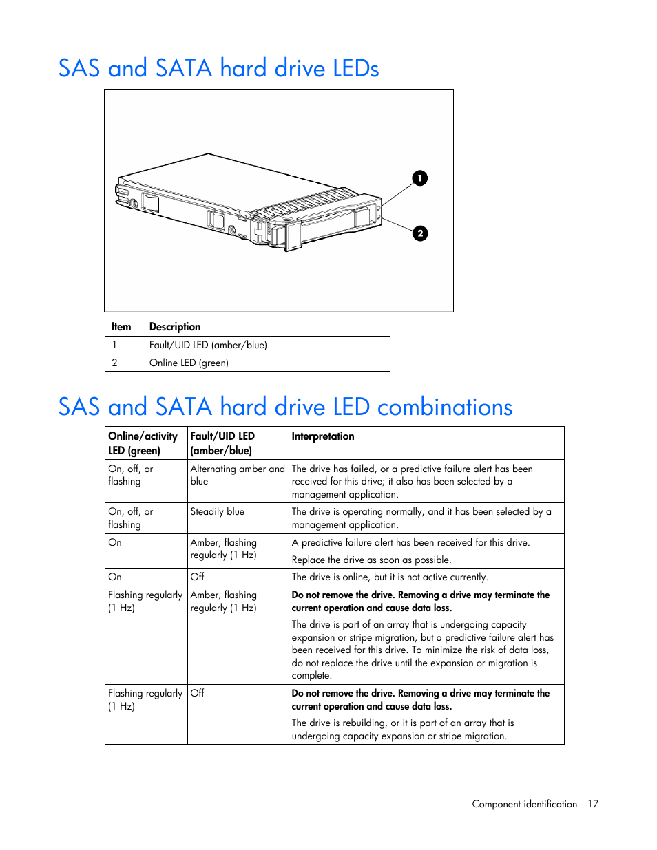 Sas and sata hard drive leds, Sas and sata hard drive led combinations | HP ProLiant DL380 G5 Server User Manual | Page 17 / 114