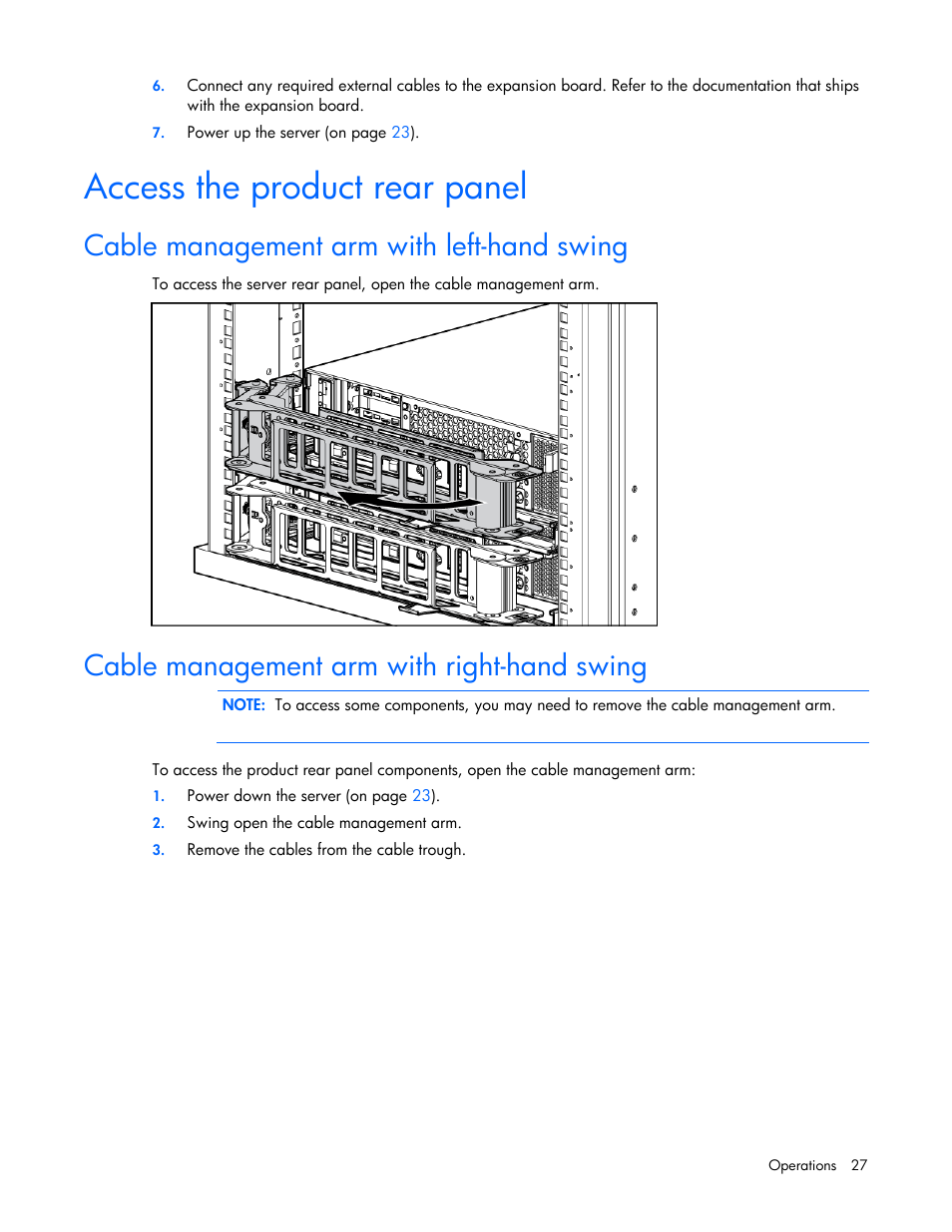 Access the product rear panel, Cable management arm with left-hand swing, Cable management arm with right-hand swing | HP ProLiant DL380 G5 Server User Manual | Page 27 / 114