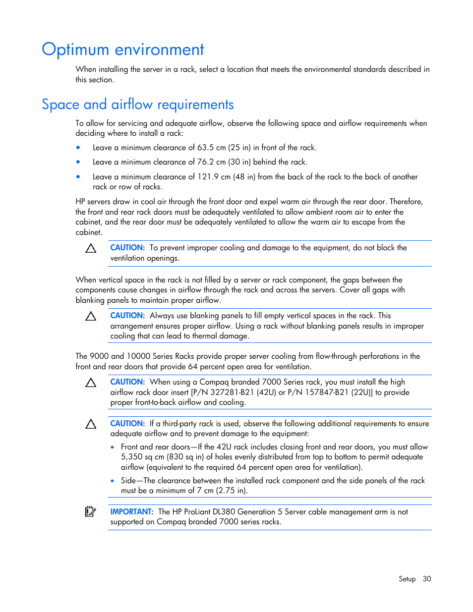 Optimum environment, Space and airflow requirements | HP ProLiant DL380 G5 Server User Manual | Page 30 / 114