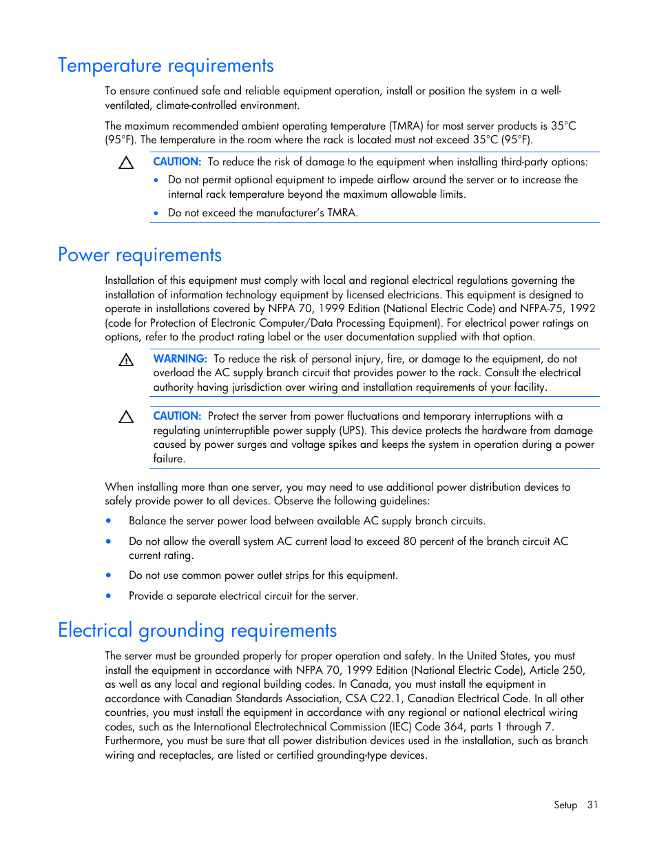 Temperature requirements, Power requirements, Electrical grounding requirements | HP ProLiant DL380 G5 Server User Manual | Page 31 / 114