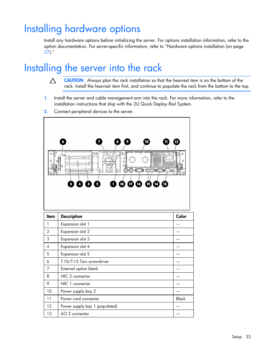 Installing hardware options, Installing the server into the rack | HP ProLiant DL380 G5 Server User Manual | Page 33 / 114