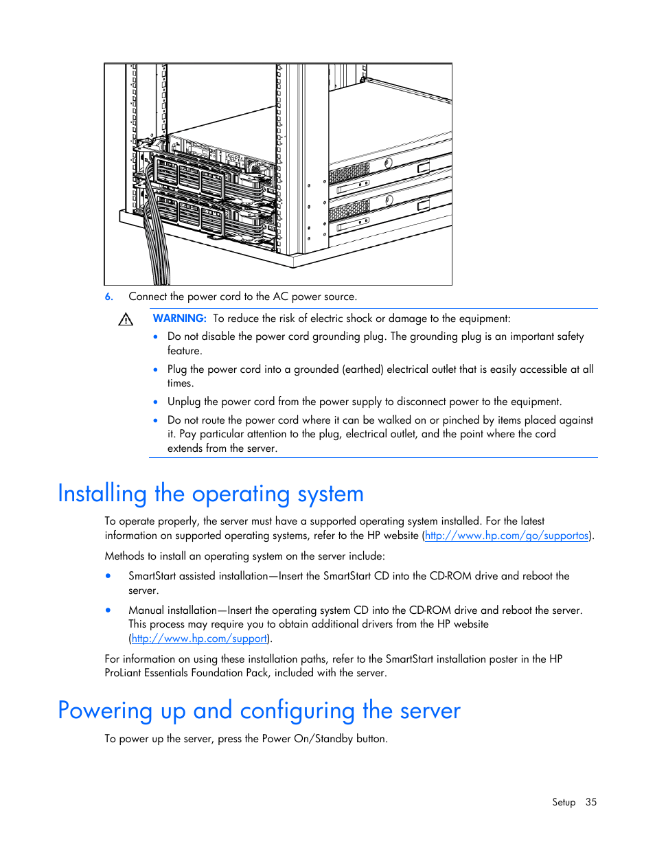 Installing the operating system, Powering up and configuring the server | HP ProLiant DL380 G5 Server User Manual | Page 35 / 114