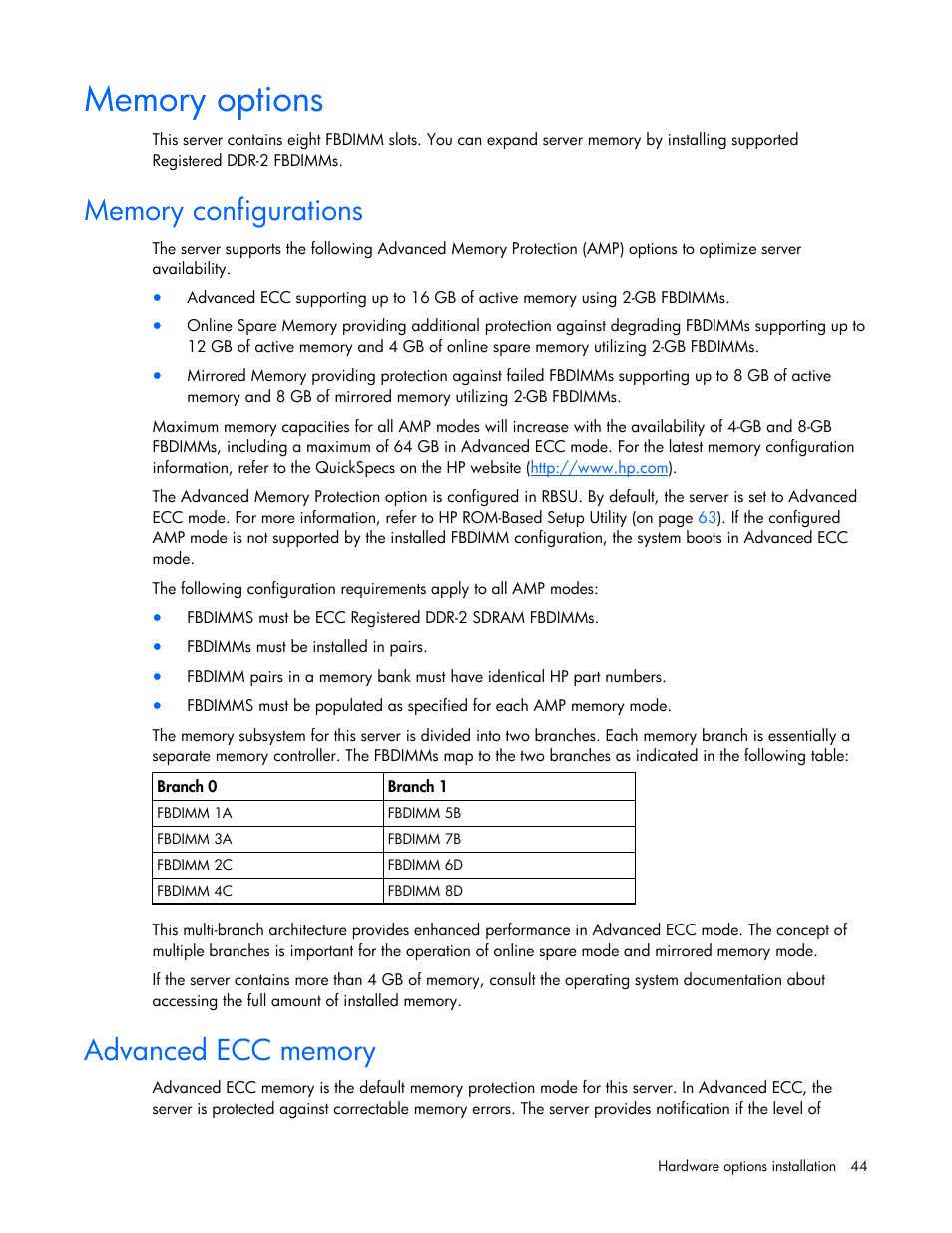 Memory options, Memory configurations, Advanced ecc memory | HP ProLiant DL380 G5 Server User Manual | Page 44 / 114