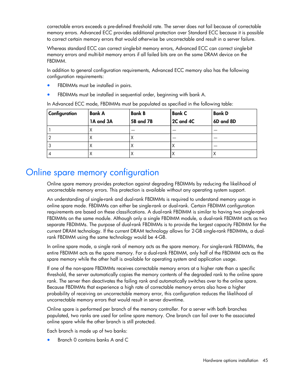 Online spare memory configuration | HP ProLiant DL380 G5 Server User Manual | Page 45 / 114