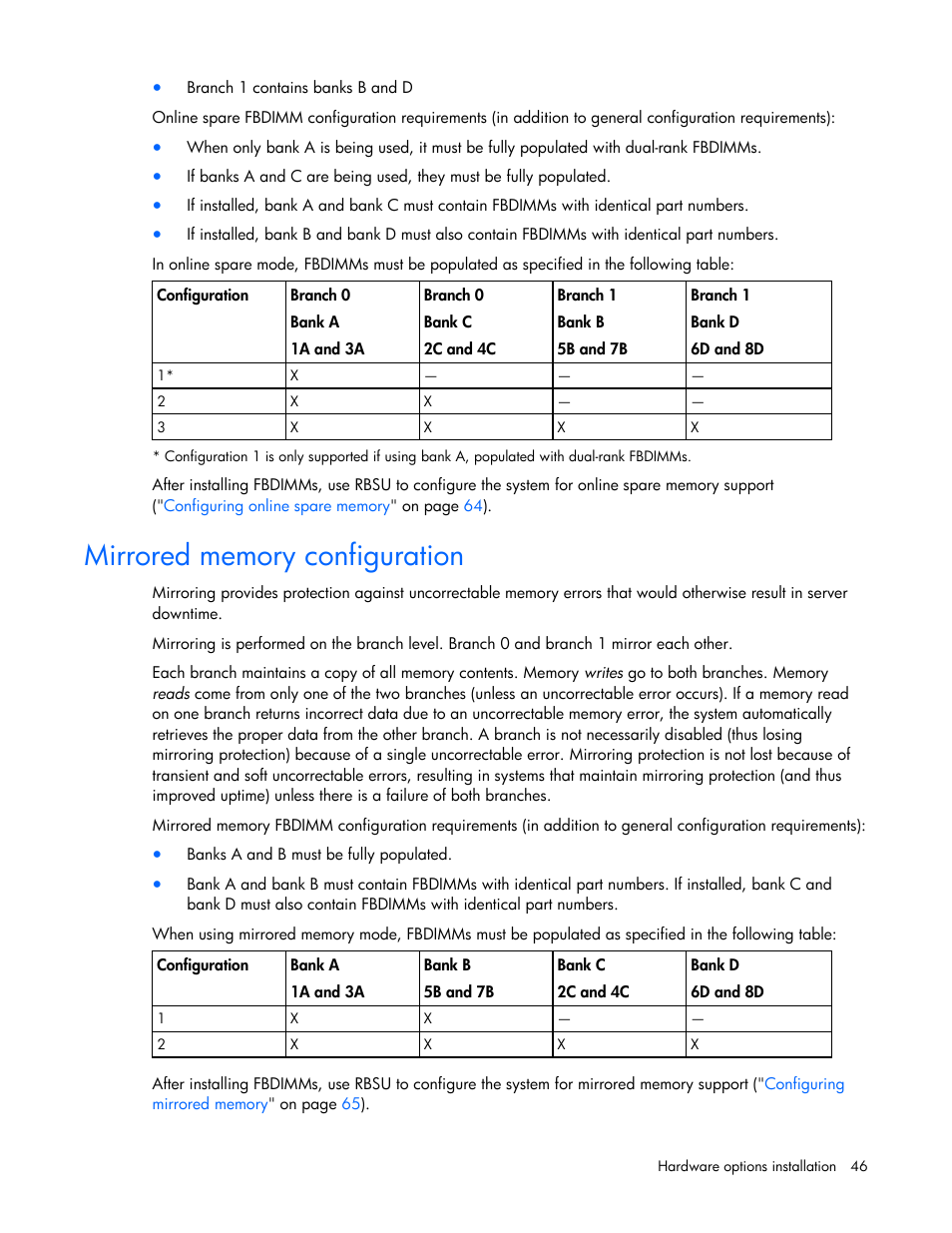 Mirrored memory configuration | HP ProLiant DL380 G5 Server User Manual | Page 46 / 114