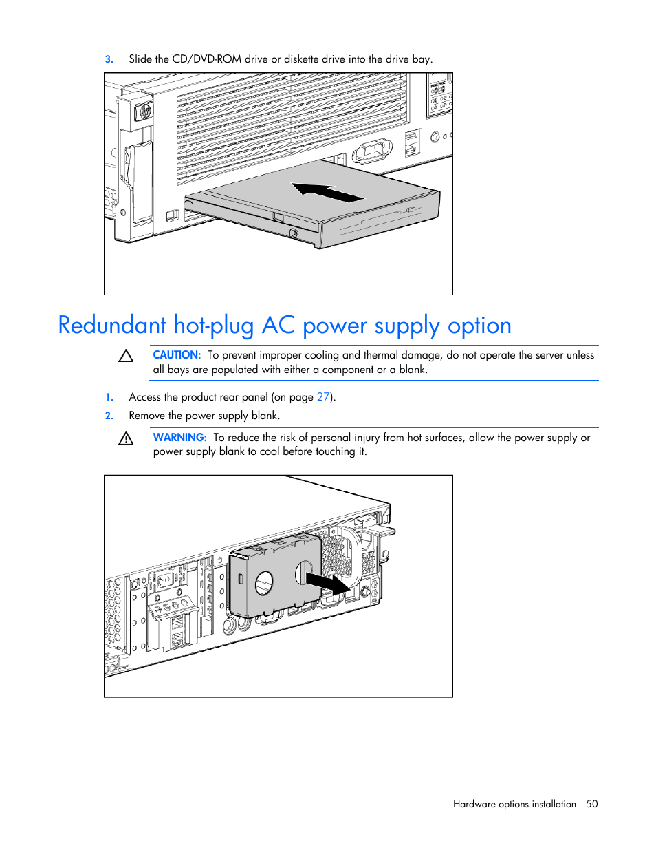 Redundant hot-plug ac power supply option | HP ProLiant DL380 G5 Server User Manual | Page 50 / 114