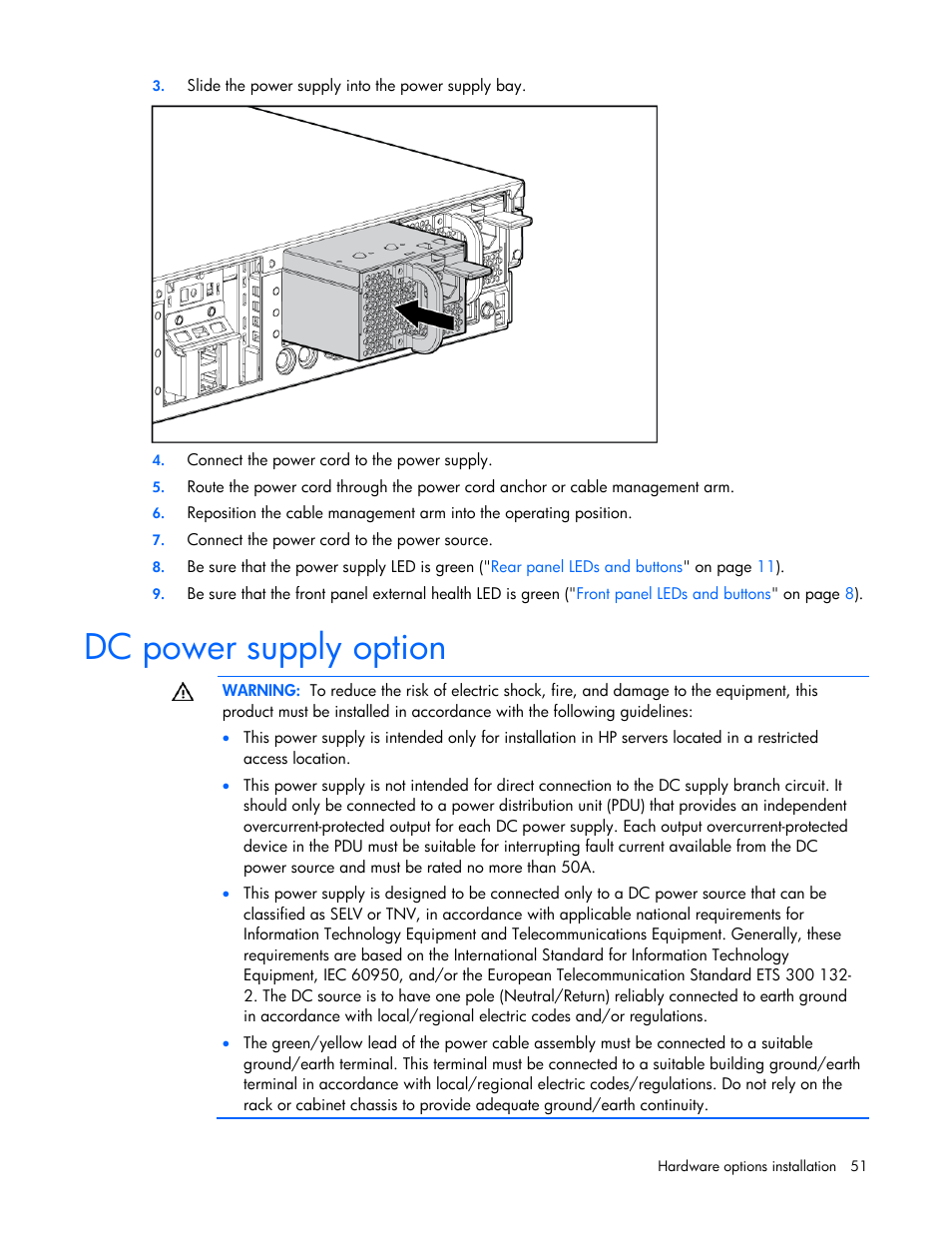 Dc power supply option | HP ProLiant DL380 G5 Server User Manual | Page 51 / 114