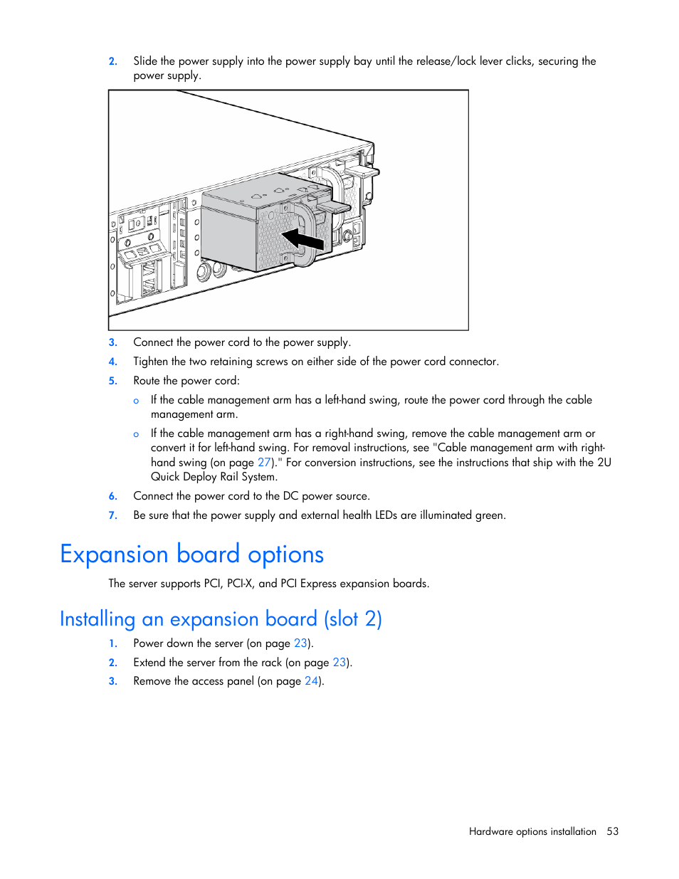 Expansion board options, Installing an expansion board (slot 2) | HP ProLiant DL380 G5 Server User Manual | Page 53 / 114