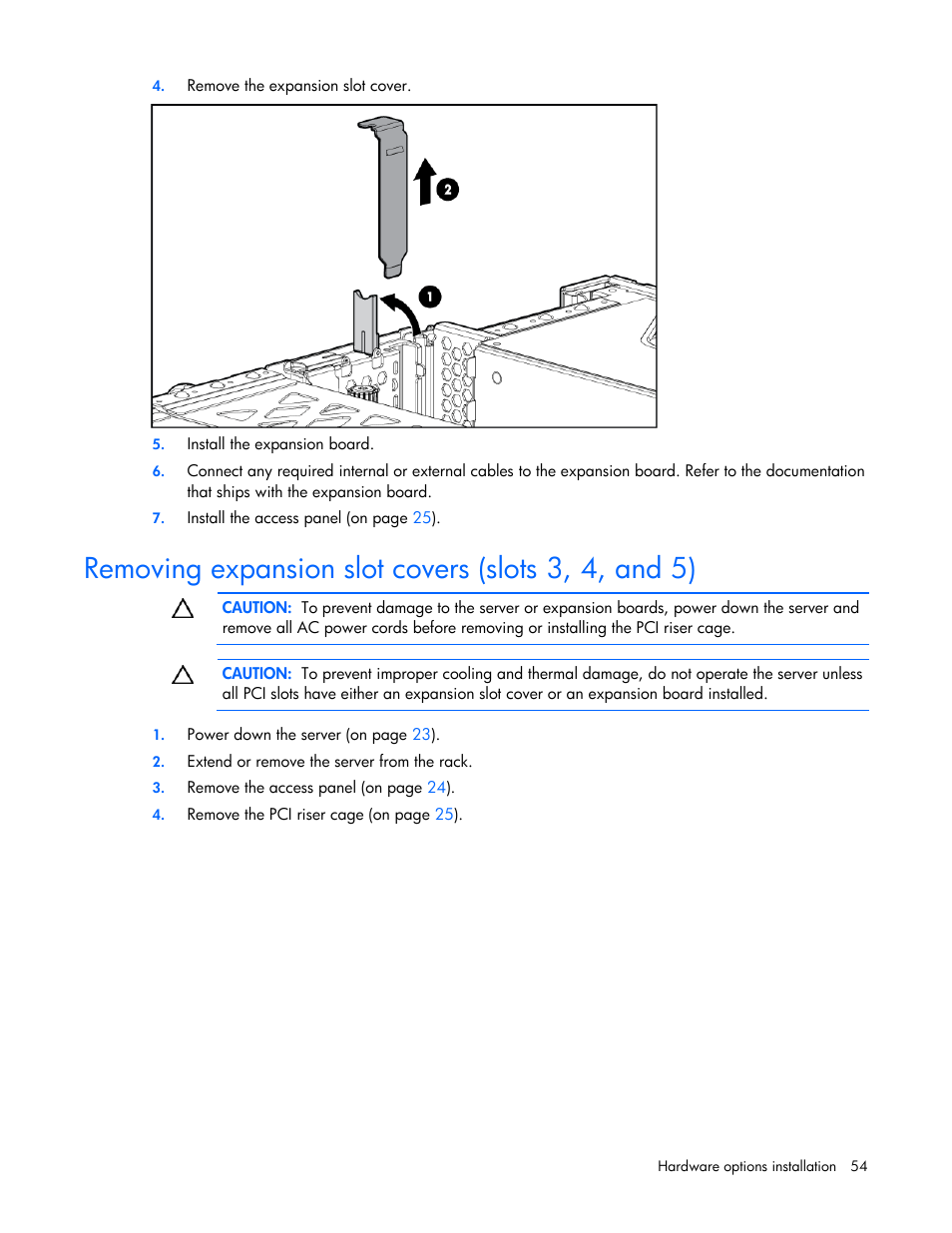 Removing expansion slot covers (slots 3, 4, and 5) | HP ProLiant DL380 G5 Server User Manual | Page 54 / 114