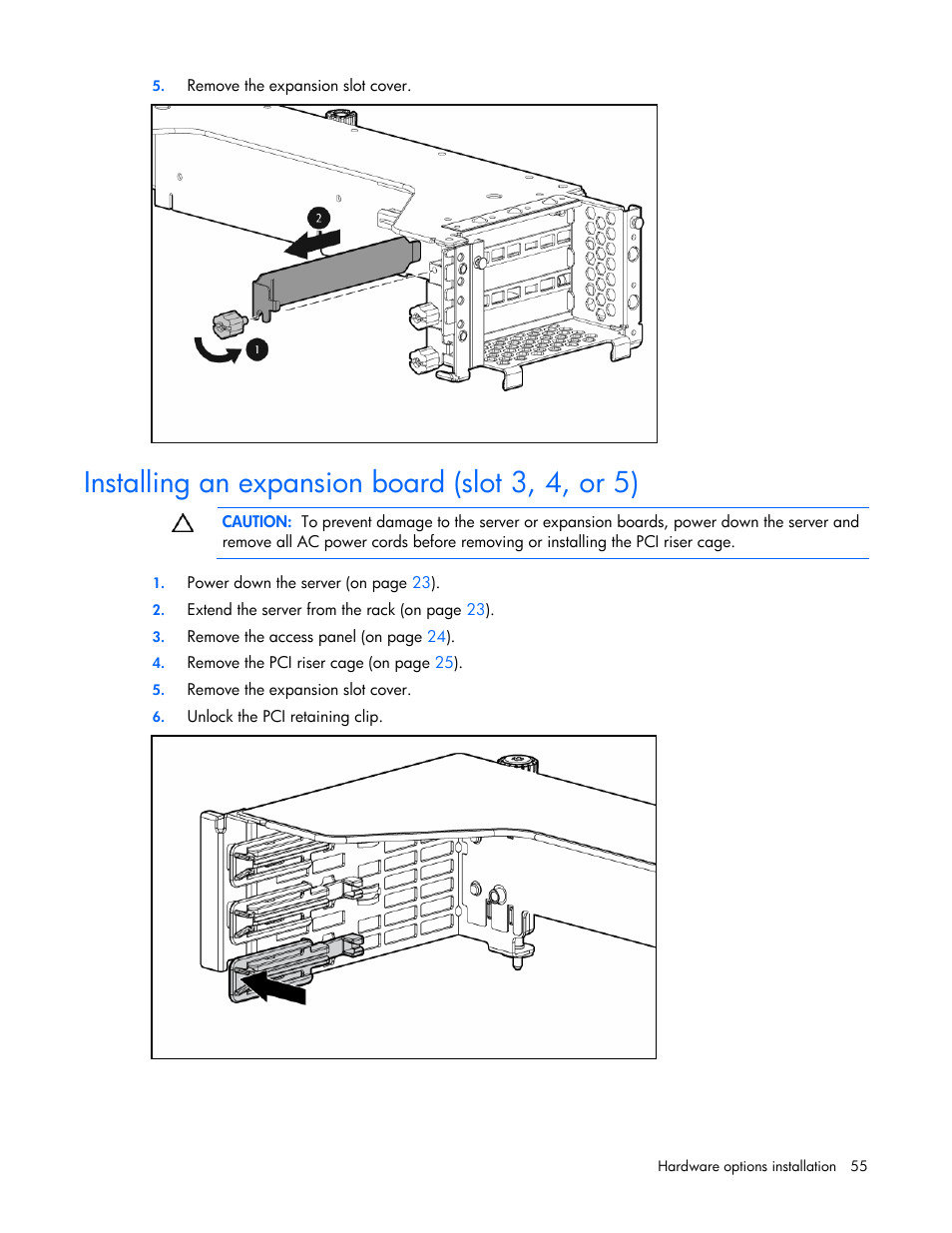 Installing an expansion board (slot 3, 4, or 5) | HP ProLiant DL380 G5 Server User Manual | Page 55 / 114