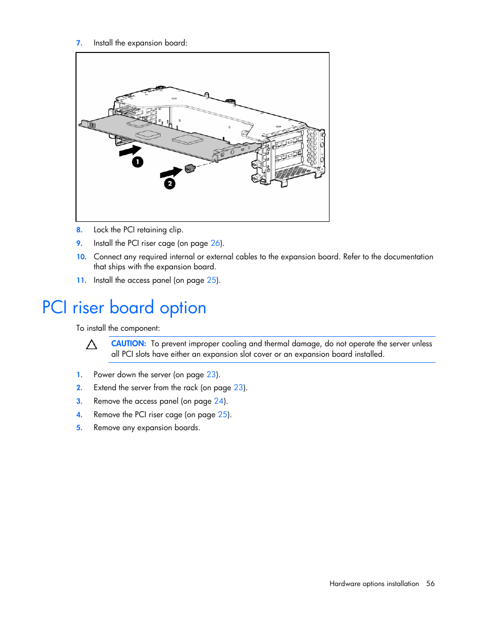 Pci riser board option | HP ProLiant DL380 G5 Server User Manual | Page 56 / 114