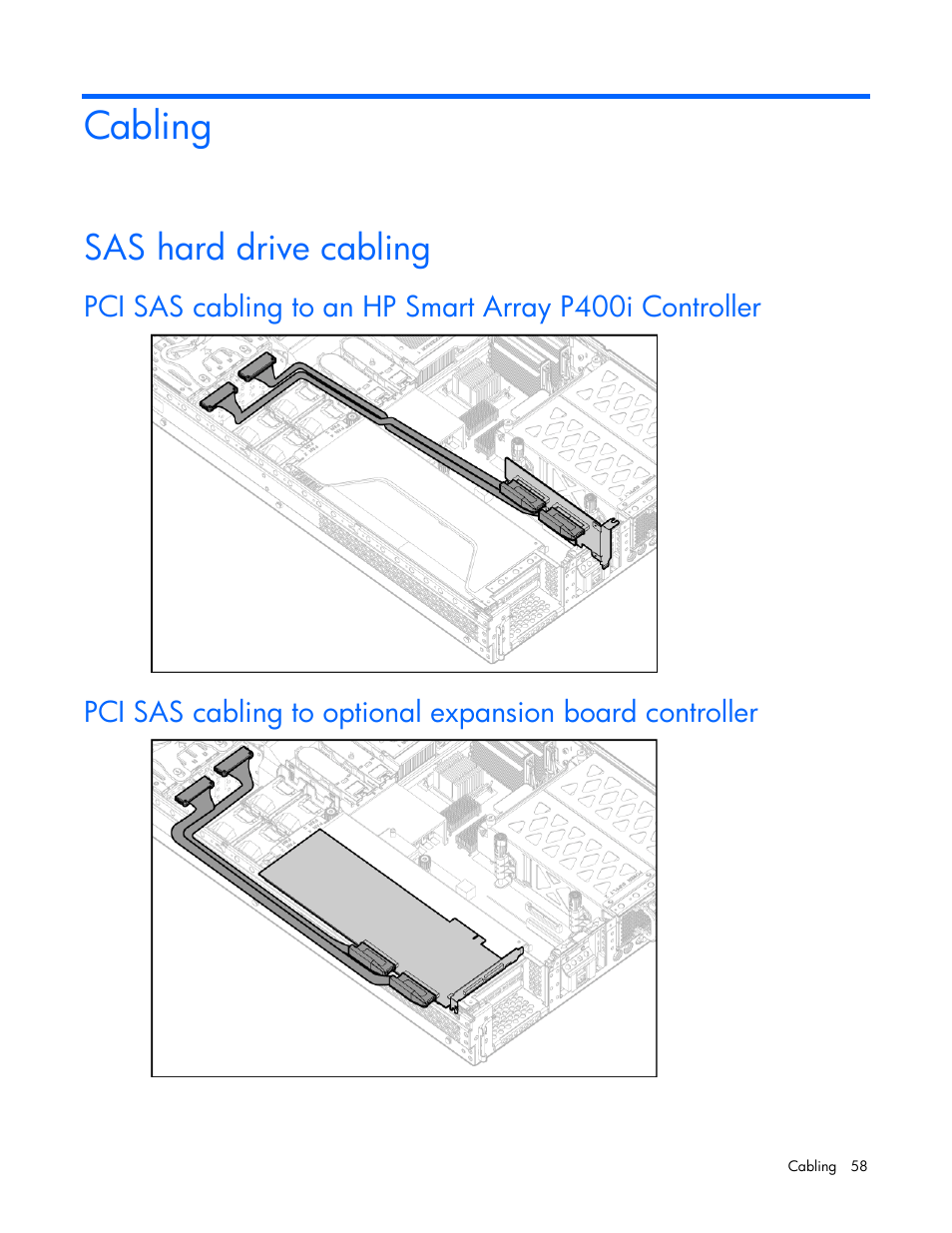 Cabling, Sas hard drive cabling | HP ProLiant DL380 G5 Server User Manual | Page 58 / 114