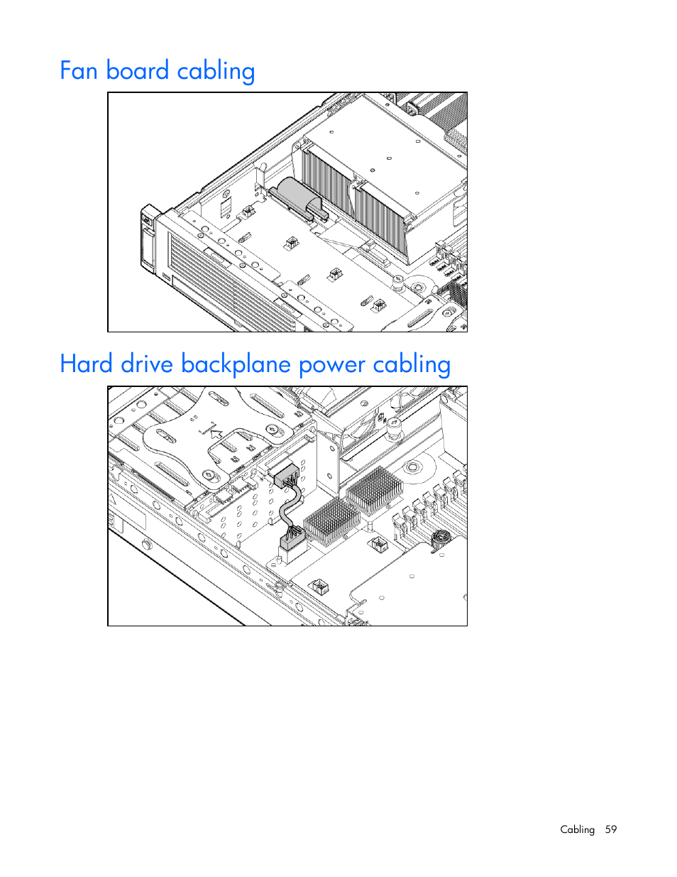 Fan board cabling, Hard drive backplane power cabling | HP ProLiant DL380 G5 Server User Manual | Page 59 / 114