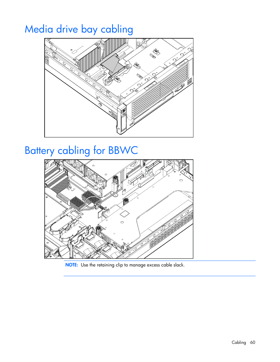 Media drive bay cabling, Battery cabling for bbwc | HP ProLiant DL380 G5 Server User Manual | Page 60 / 114