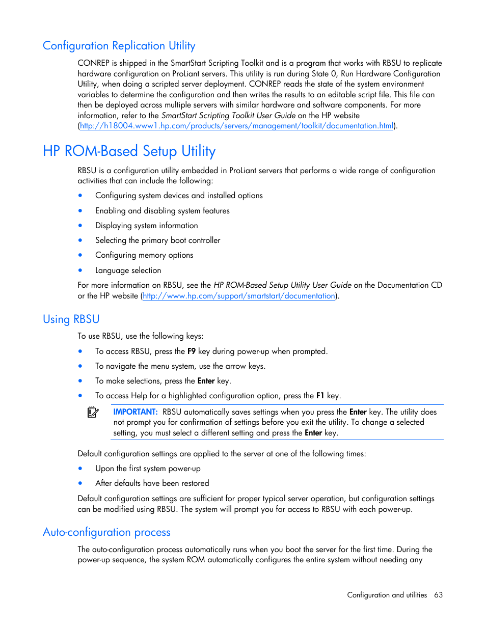 Hp rom-based setup utility, Rbsu, Hp rom-based | Setup utility, To configure th, Configuration replication utility, Using rbsu, Auto-configuration process | HP ProLiant DL380 G5 Server User Manual | Page 63 / 114