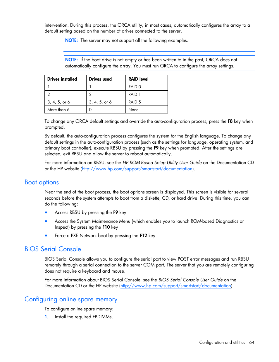 Configuring online spare memory, Boot options, Bios serial console | HP ProLiant DL380 G5 Server User Manual | Page 64 / 114