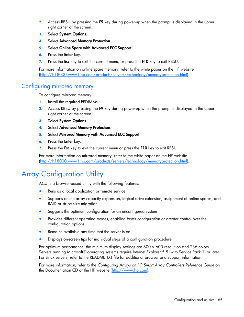 Array configuration utility, Configuring, Mirrored memory | HP ProLiant DL380 G5 Server User Manual | Page 65 / 114