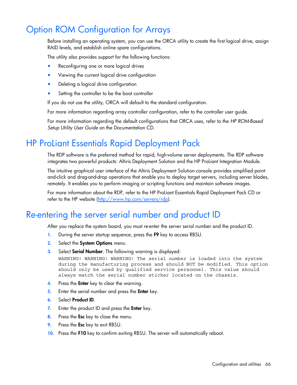 Option rom configuration for arrays, Hp proliant essentials rapid deployment pack | HP ProLiant DL380 G5 Server User Manual | Page 66 / 114