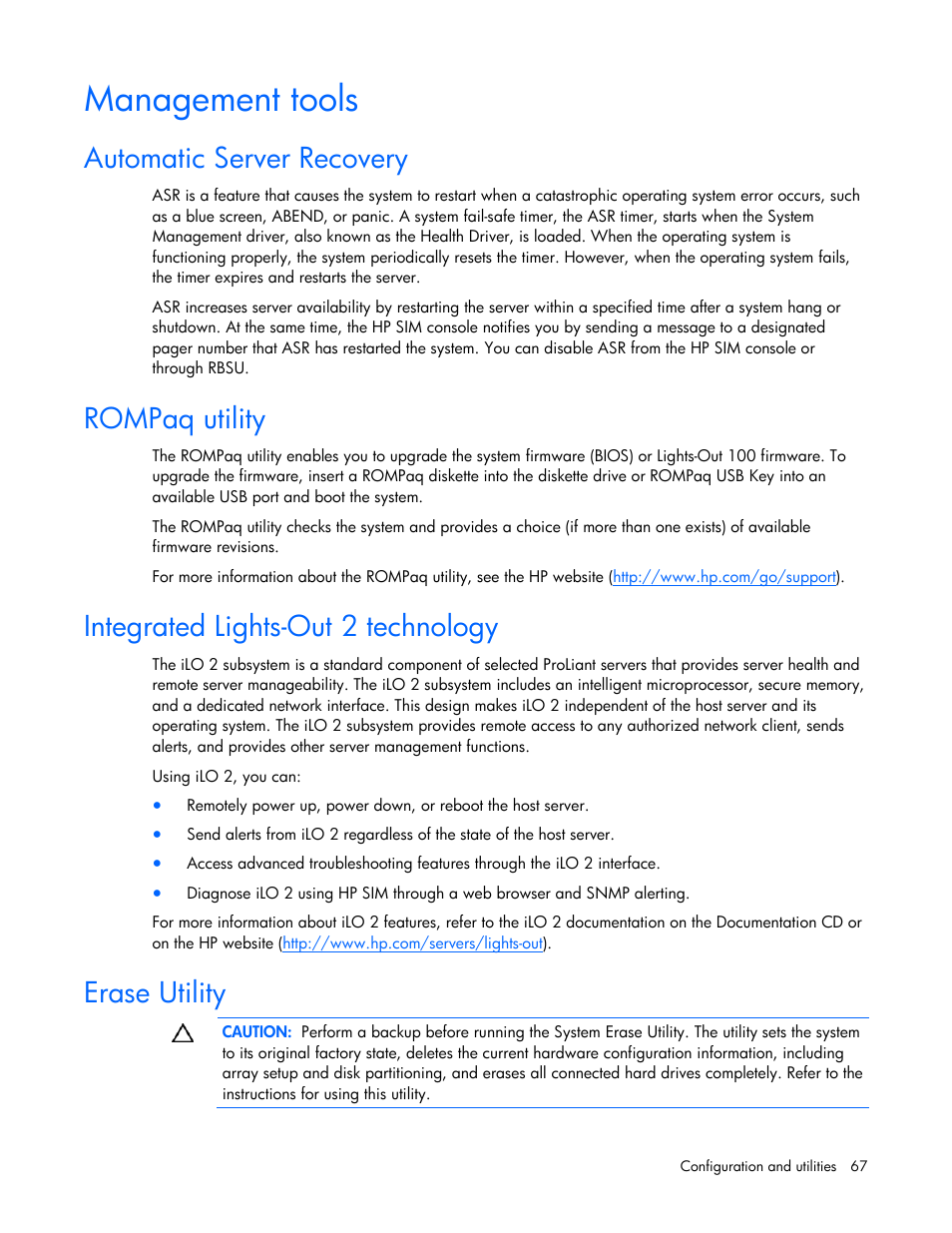 Management tools, Automatic server recovery, Rompaq utility | Integrated lights-out 2 technology, Erase utility | HP ProLiant DL380 G5 Server User Manual | Page 67 / 114