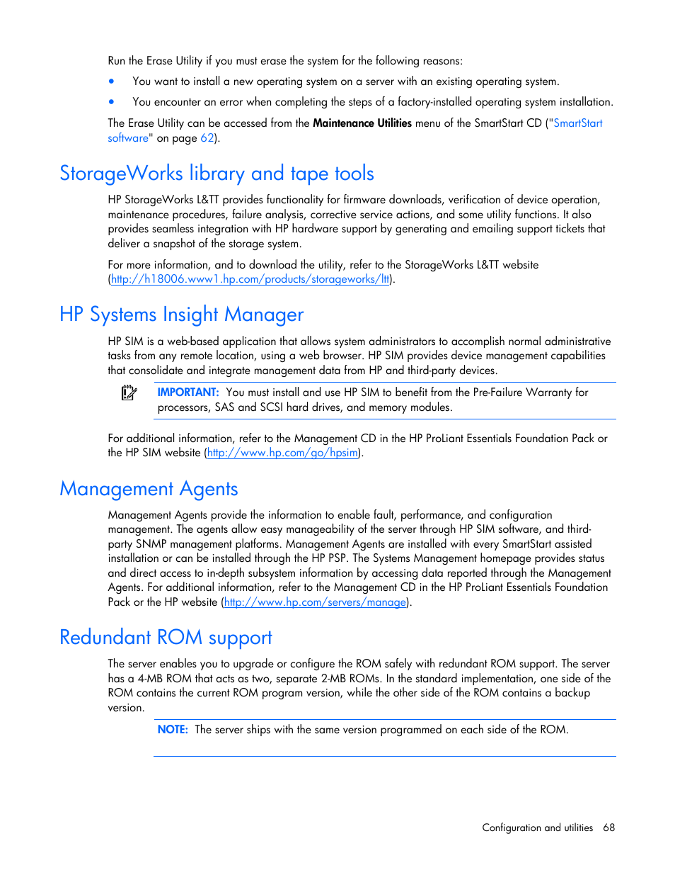 Storageworks library and tape tools, Hp systems insight manager, Management agents | Redundant rom support | HP ProLiant DL380 G5 Server User Manual | Page 68 / 114