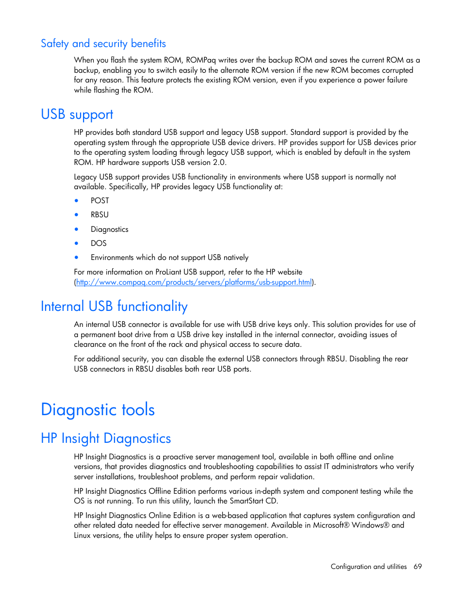 Usb support, Internal usb functionality, Diagnostic tools | Hp insight diagnostics, S utility, Safety and security benefits | HP ProLiant DL380 G5 Server User Manual | Page 69 / 114