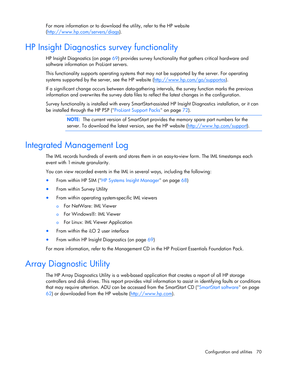 Hp insight diagnostics survey functionality, Integrated management log, Array diagnostic utility | HP ProLiant DL380 G5 Server User Manual | Page 70 / 114