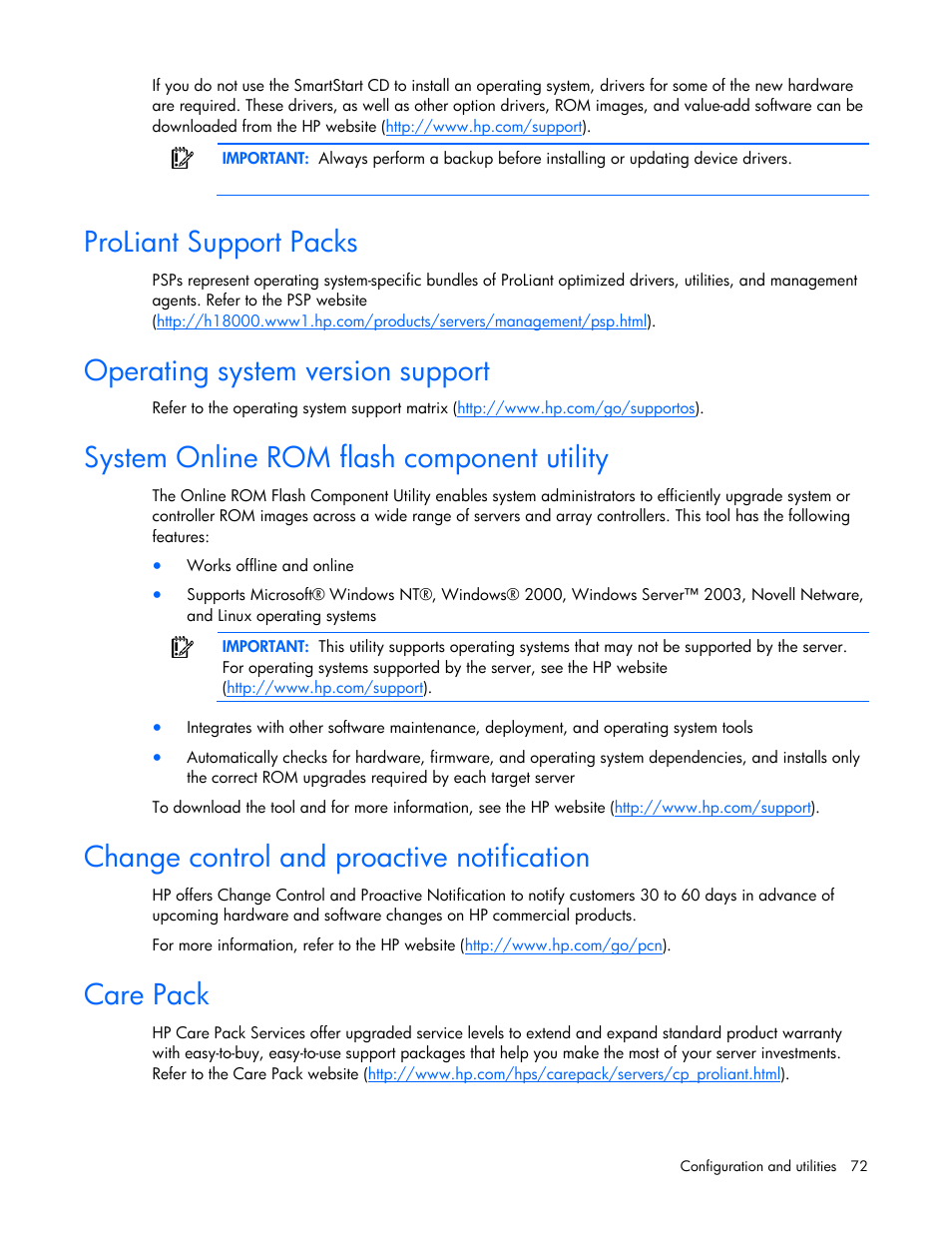 Proliant support packs, Operating system version support, System online rom flash component utility | Change control and proactive notification, Care pack, H the hp psp | HP ProLiant DL380 G5 Server User Manual | Page 72 / 114