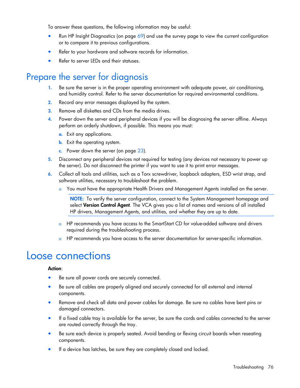 Prepare the server for diagnosis, Loose connections | HP ProLiant DL380 G5 Server User Manual | Page 76 / 114