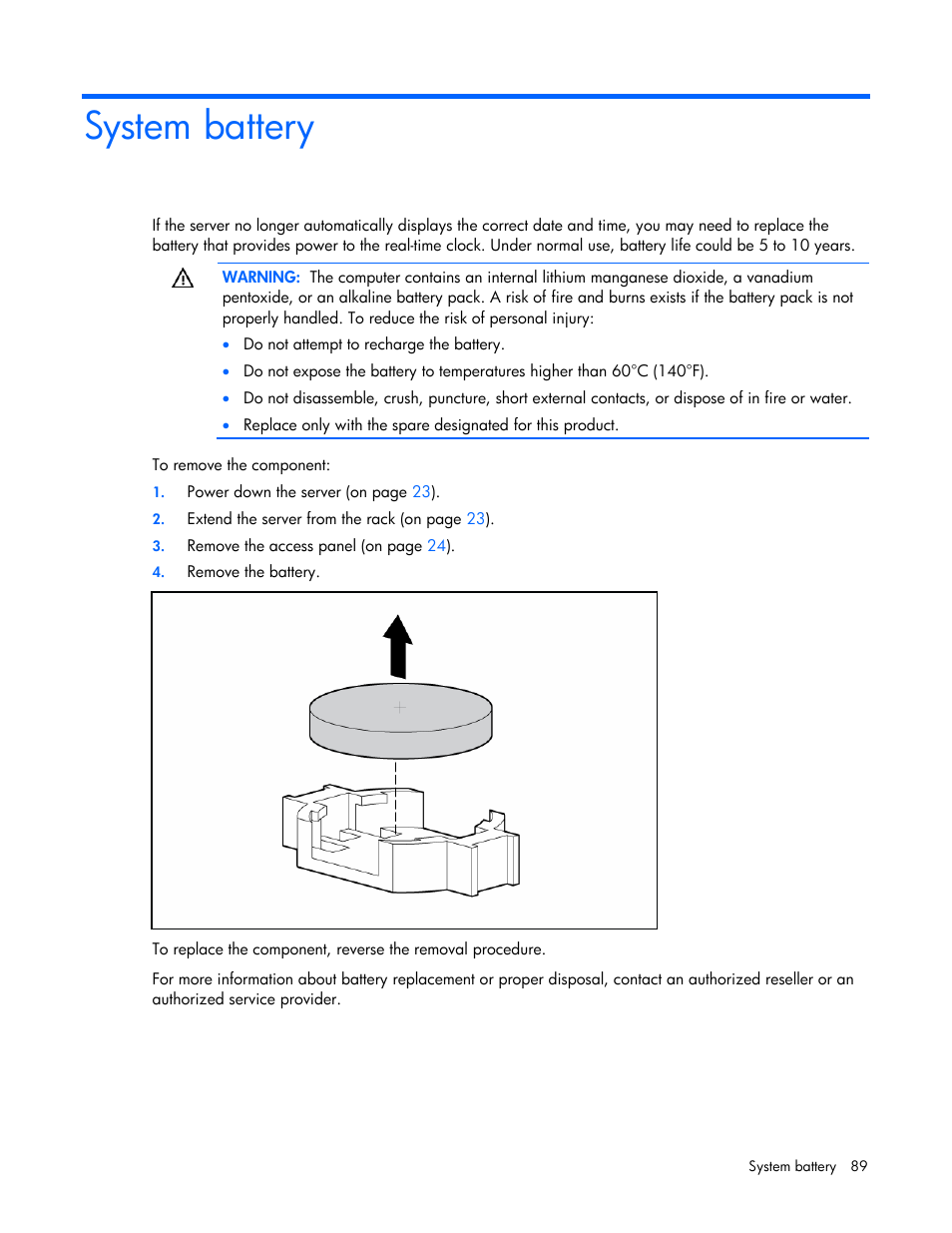 System battery | HP ProLiant DL380 G5 Server User Manual | Page 89 / 114