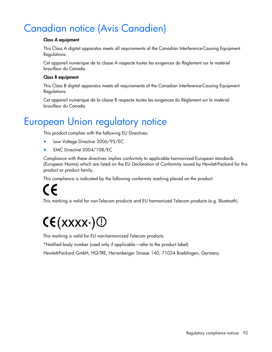 Canadian notice (avis canadien), European union regulatory notice | HP ProLiant DL380 G5 Server User Manual | Page 92 / 114