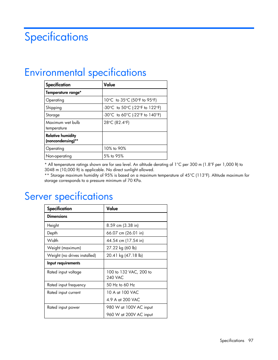 Specifications, Environmental specifications, Server specifications | HP ProLiant DL380 G5 Server User Manual | Page 97 / 114