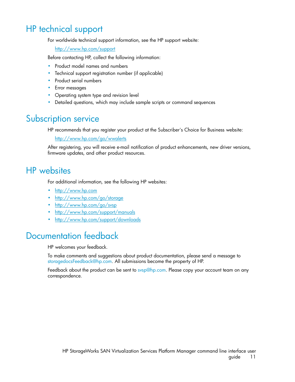 Hp technical support, Subscription service, Hp websites | Documentation feedback, 11 subscription service, 11 hp websites, 11 documentation feedback | HP SAN Virtualization Services Platform User Manual | Page 11 / 90