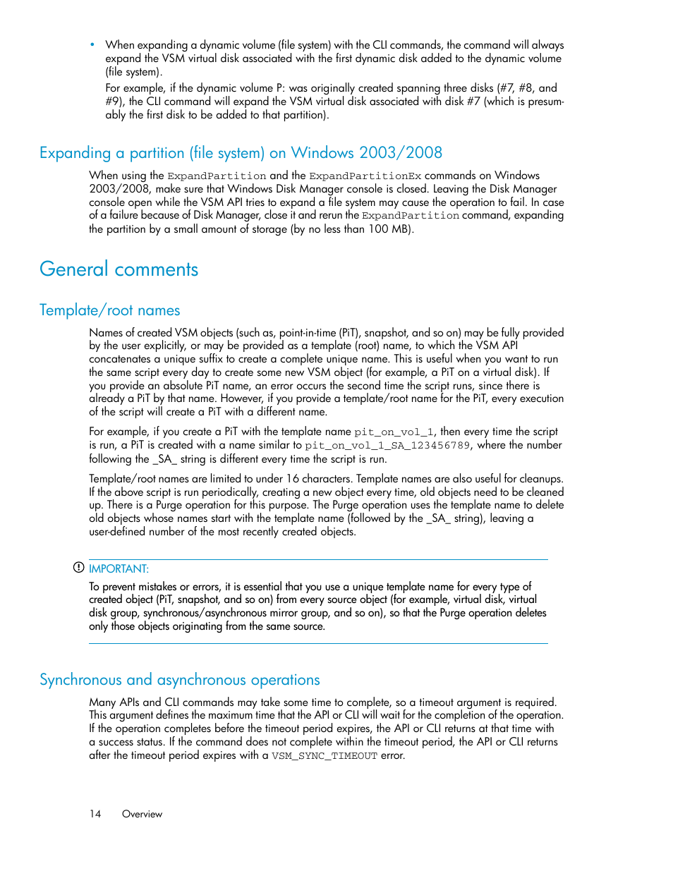 General comments, Template/root names, Synchronous and asynchronous operations | 14 synchronous and asynchronous operations | HP SAN Virtualization Services Platform User Manual | Page 14 / 90