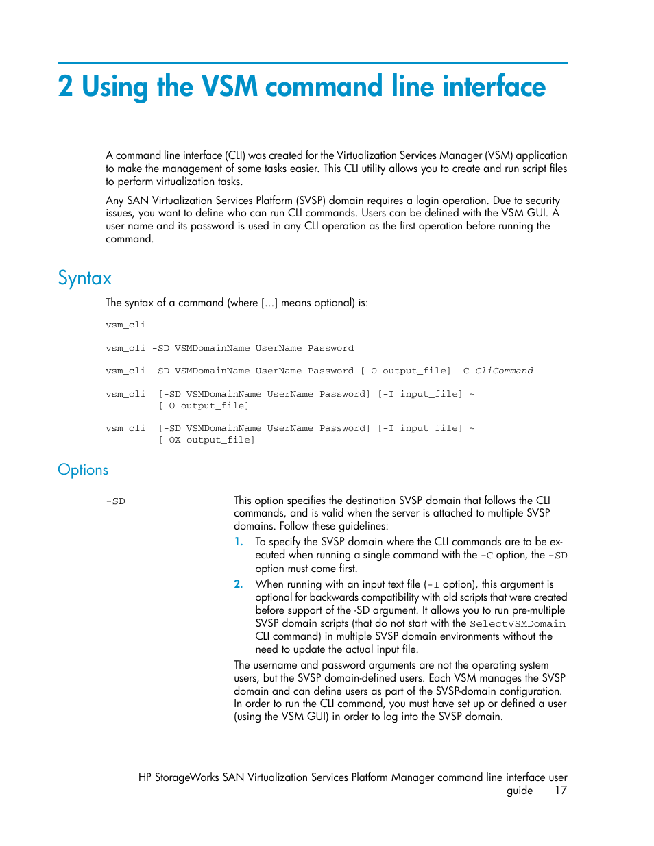 2 using the vsm command line interface, Syntax, Options | HP SAN Virtualization Services Platform User Manual | Page 17 / 90