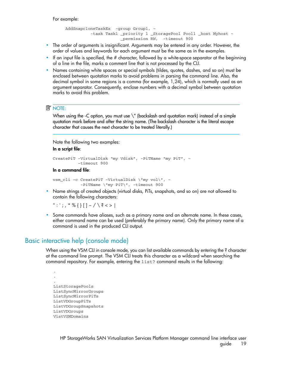 Basic interactive help (console mode) | HP SAN Virtualization Services Platform User Manual | Page 19 / 90