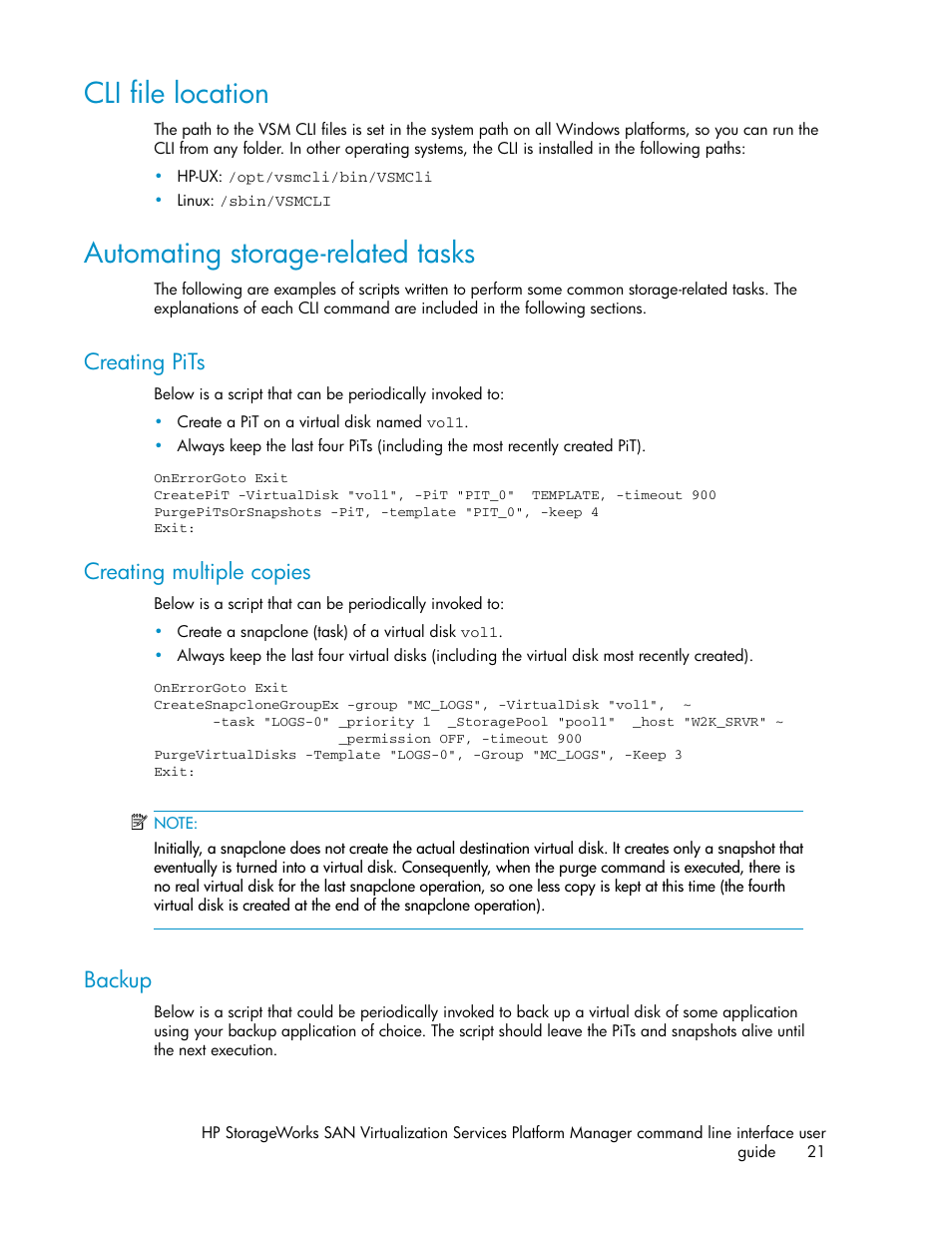 Cli file location, Automating storage-related tasks, Creating pits | Creating multiple copies, Backup, 21 automating storage-related tasks, 21 creating multiple copies, 21 backup | HP SAN Virtualization Services Platform User Manual | Page 21 / 90