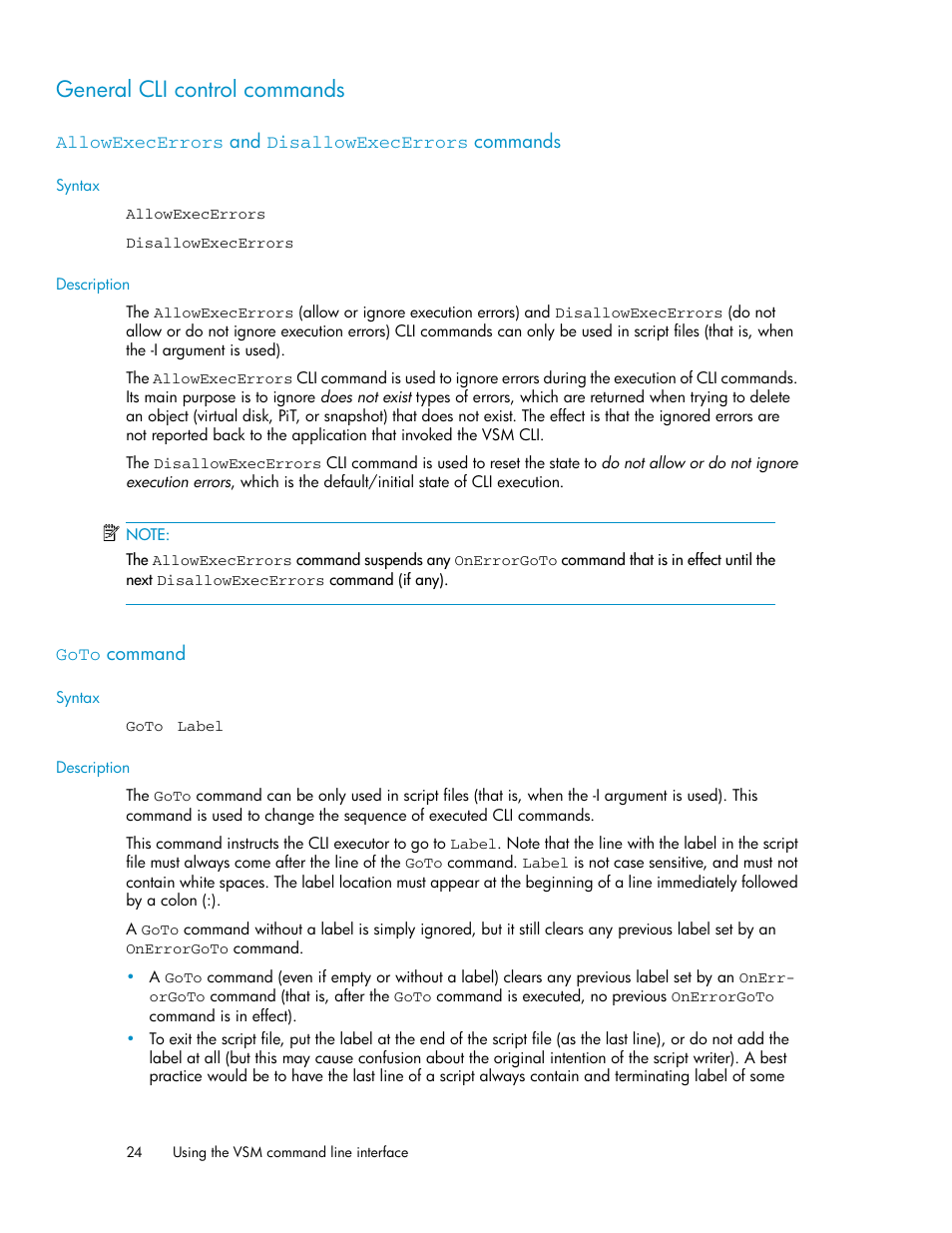 General cli control commands, Allowexecerrors and disallowexecerrors commands, Goto command | 24 goto command | HP SAN Virtualization Services Platform User Manual | Page 24 / 90
