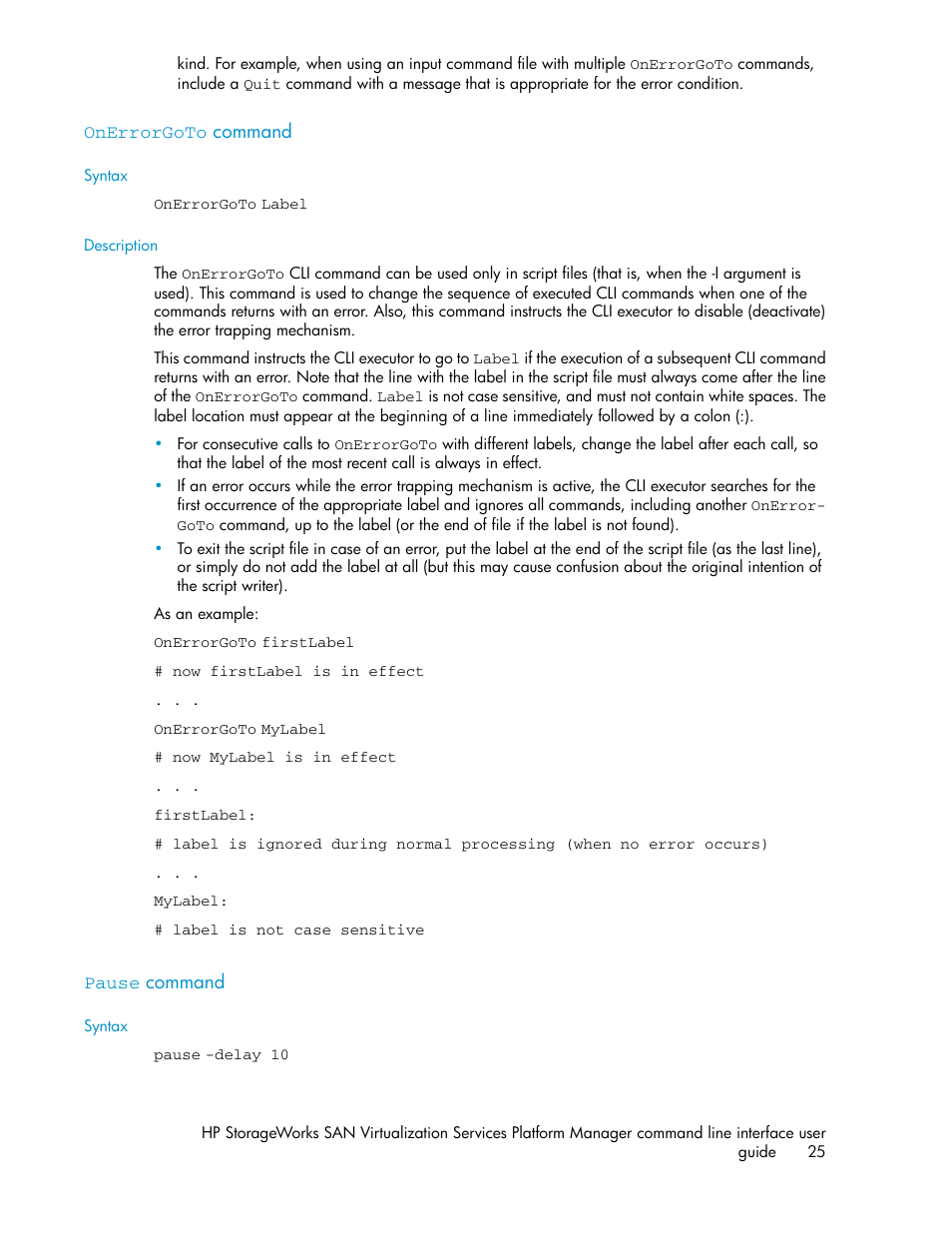 Onerrorgoto command, Pause command, 25 pause command | HP SAN Virtualization Services Platform User Manual | Page 25 / 90